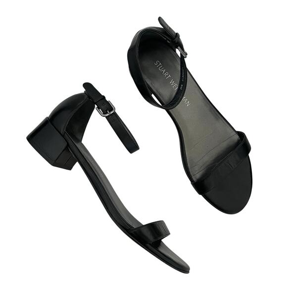 Stuart Whitman Nudist June Black Leather Sandal block Heel Size 9 minimalist - Picture 1 of 14